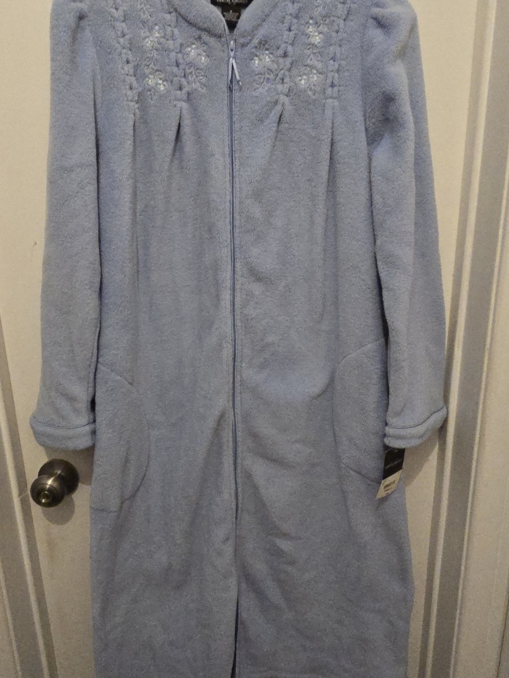 Earth Angels Women's Blue Zip-Front Fkeece Robe with Embroidered Yoke